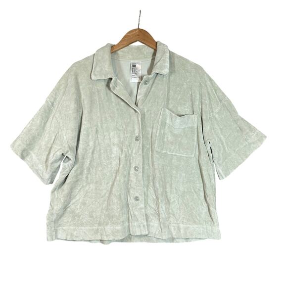 H&M Terry Cloth Resort Shirt Mint Green L Large Button Down Top Short Sleeve - Picture 1 of 8